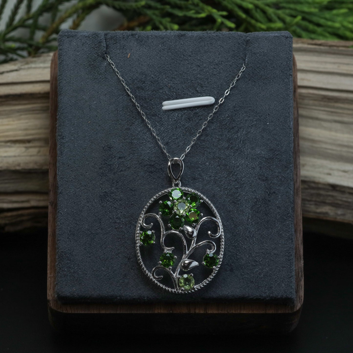 Natural Diopside and Peridot Filigree Pendant Necklace