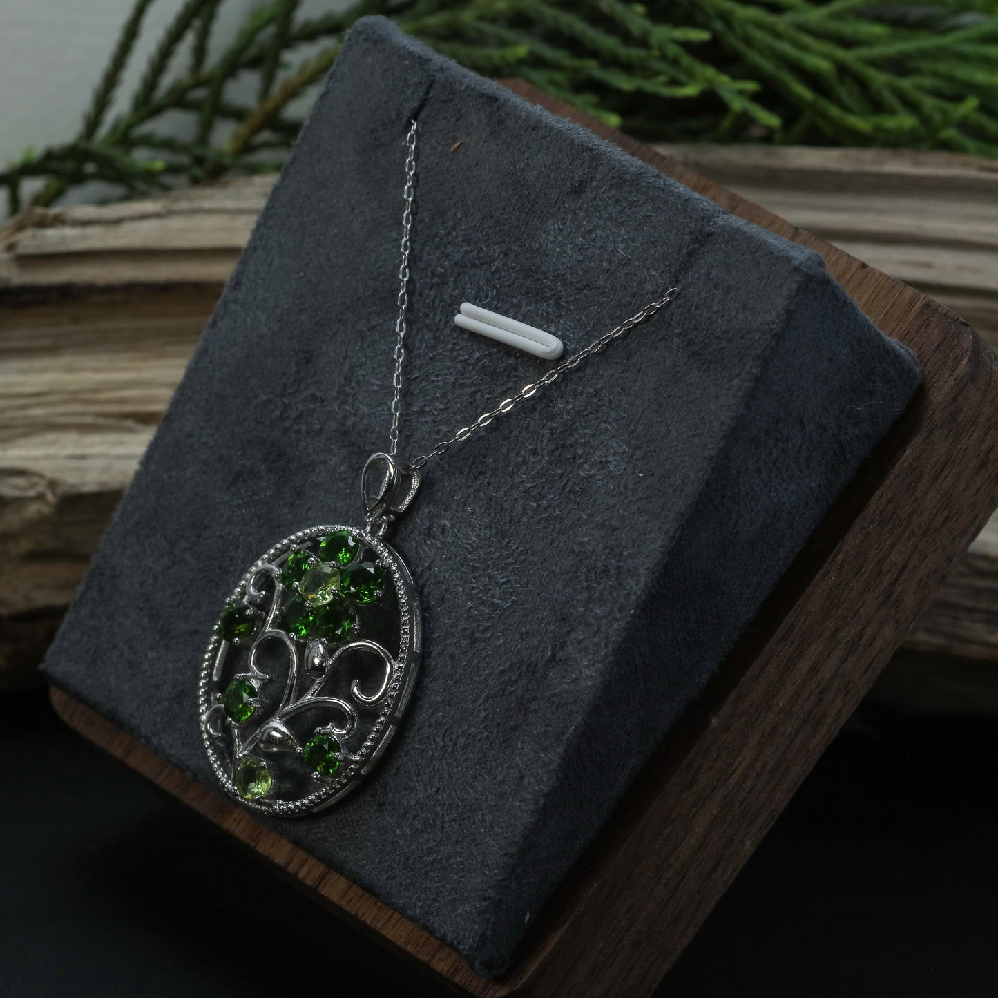 Natural Diopside and Peridot Filigree Pendant Necklace