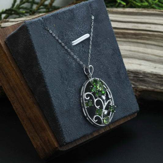 Natural Diopside and Peridot Filigree Pendant Necklace
