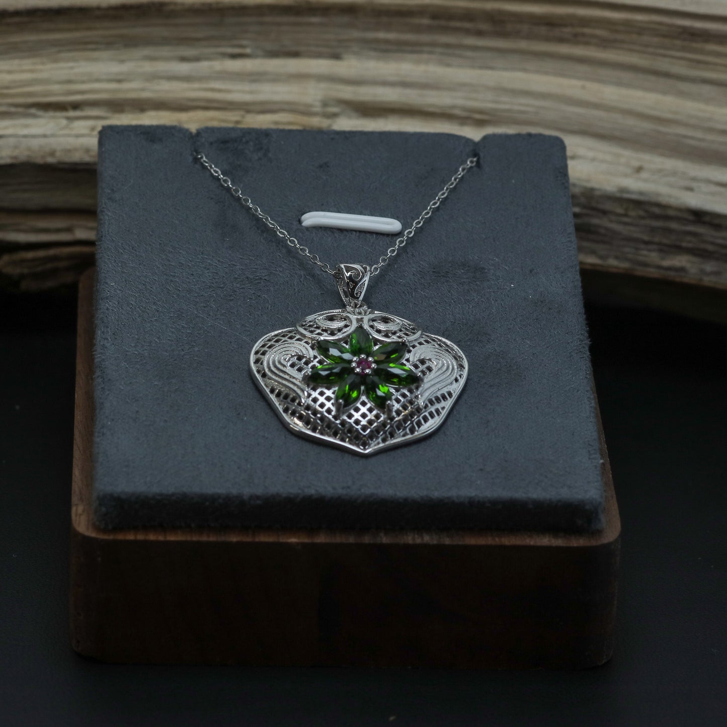 Natural Chrome Diopside and Cubic Zirconia Filigree Heart Pendant Necklace