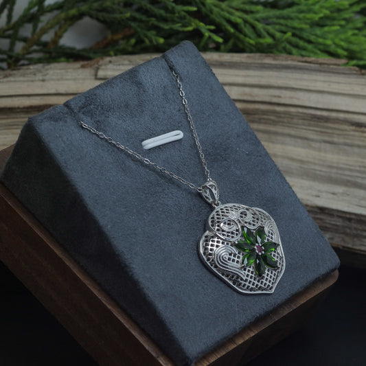Natural Chrome Diopside and Cubic Zirconia Filigree Heart Pendant Necklace