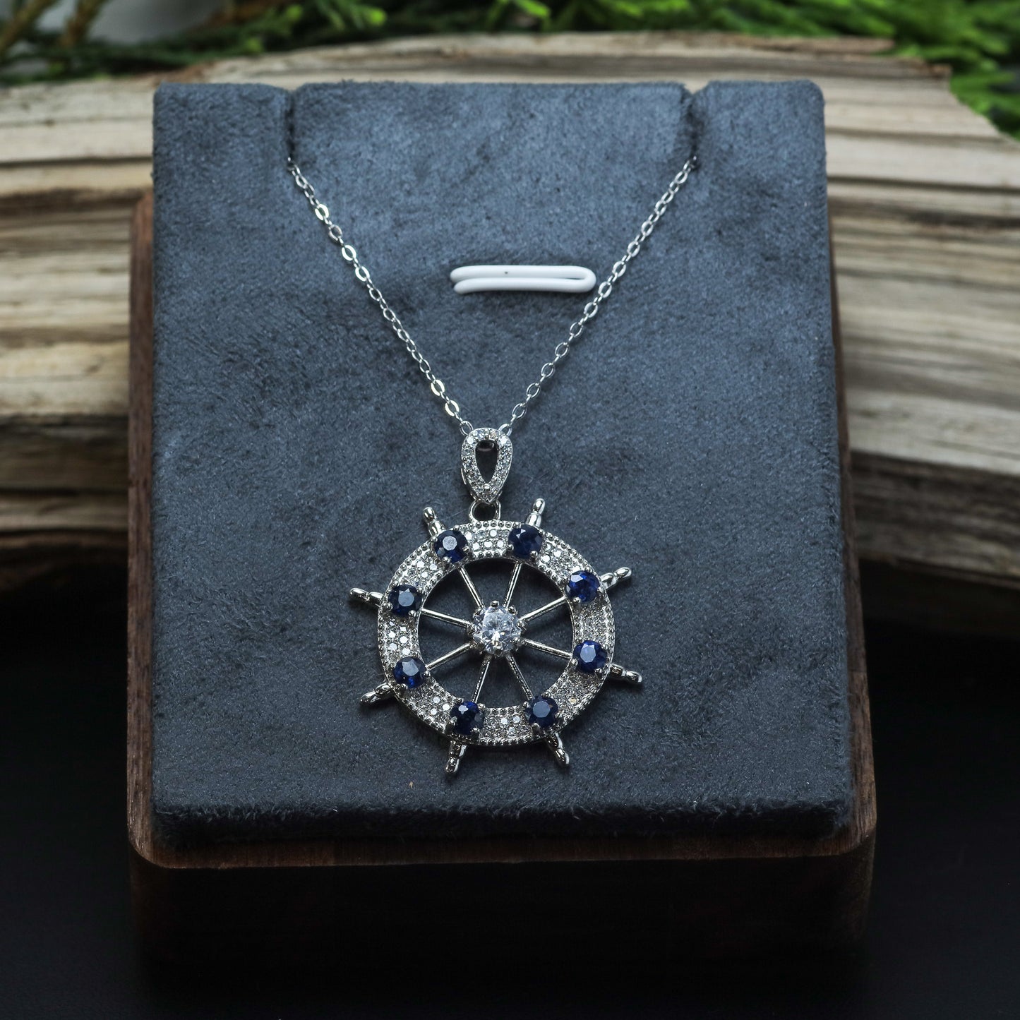 Natural Blue Sapphire Ship's Wheel Pendant Necklace