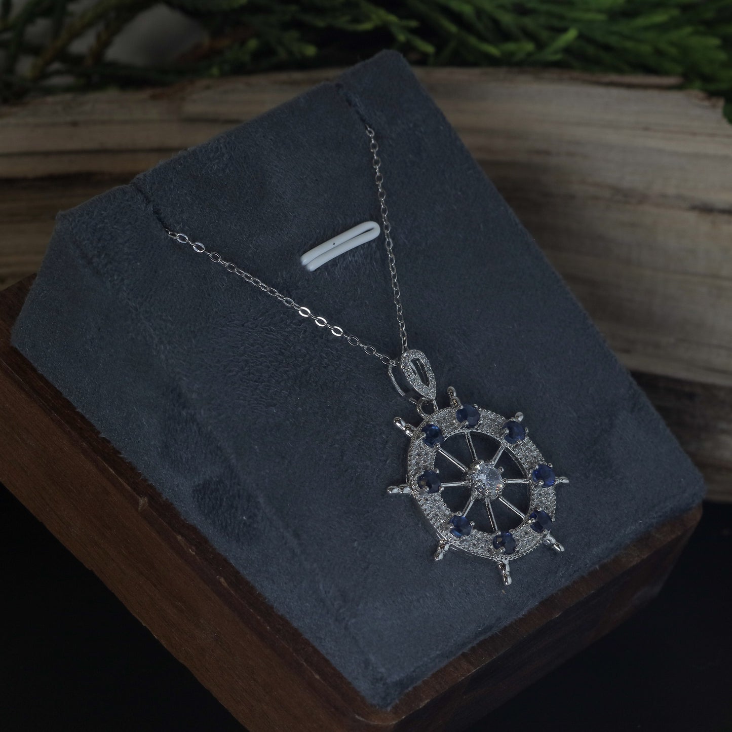 Natural Blue Sapphire Ship's Wheel Pendant Necklace