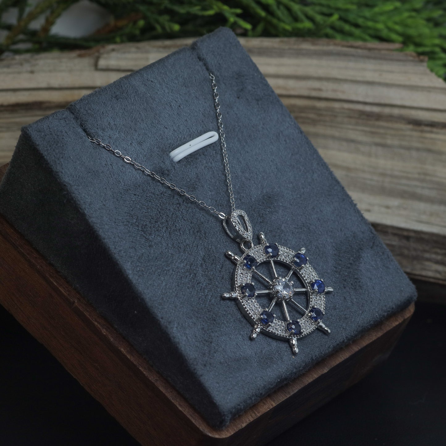 Natural Blue Sapphire Ship's Wheel Pendant Necklace