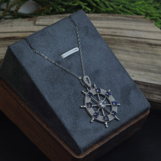 Natural Blue Sapphire Ship's Wheel Pendant Necklace