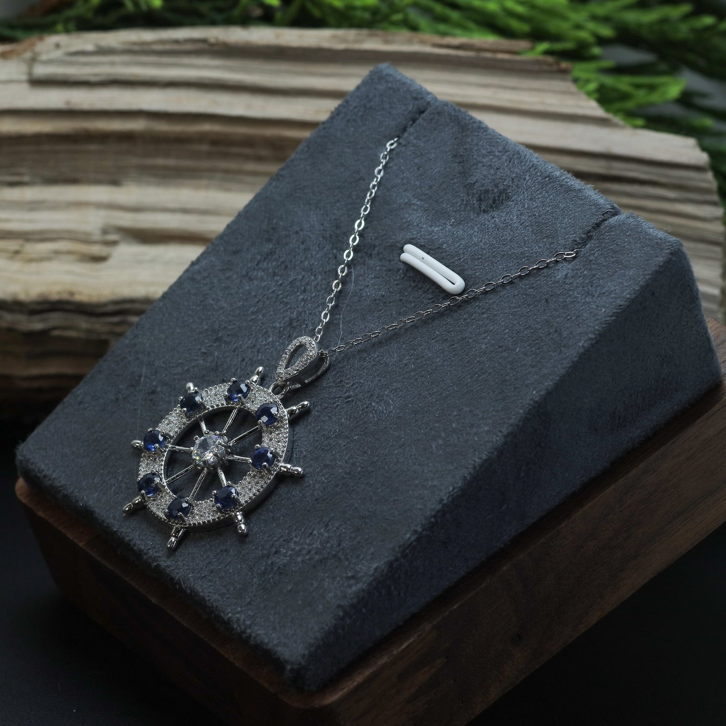 Natural Blue Sapphire Ship's Wheel Pendant Necklace