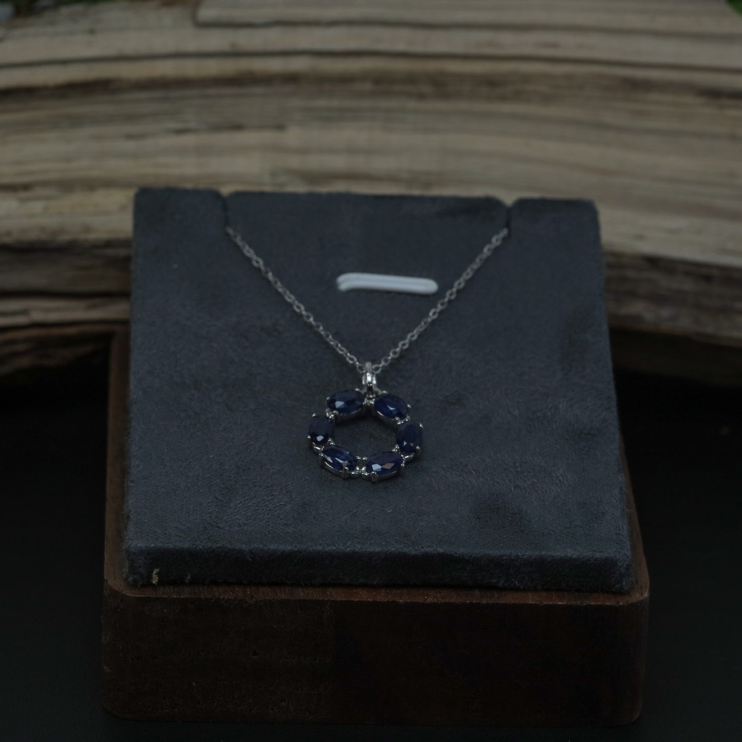 Natural Blue Sapphire Open Circle Pendant Necklace