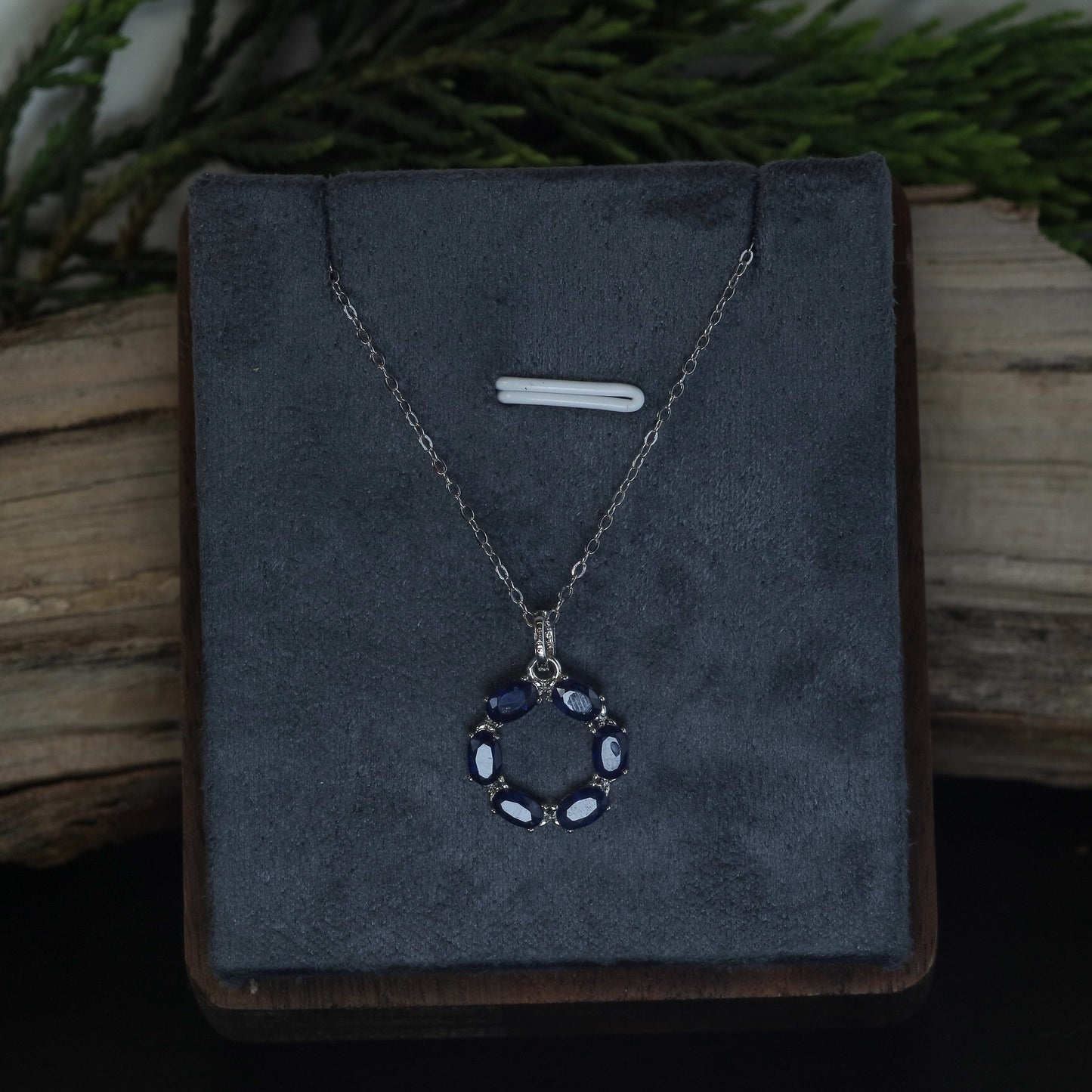 Natural Blue Sapphire Open Circle Pendant Necklace