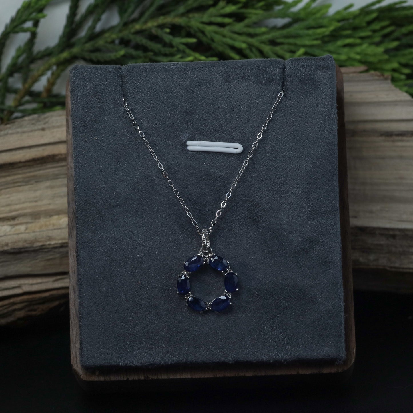 Natural Blue Sapphire Open Circle Pendant Necklace