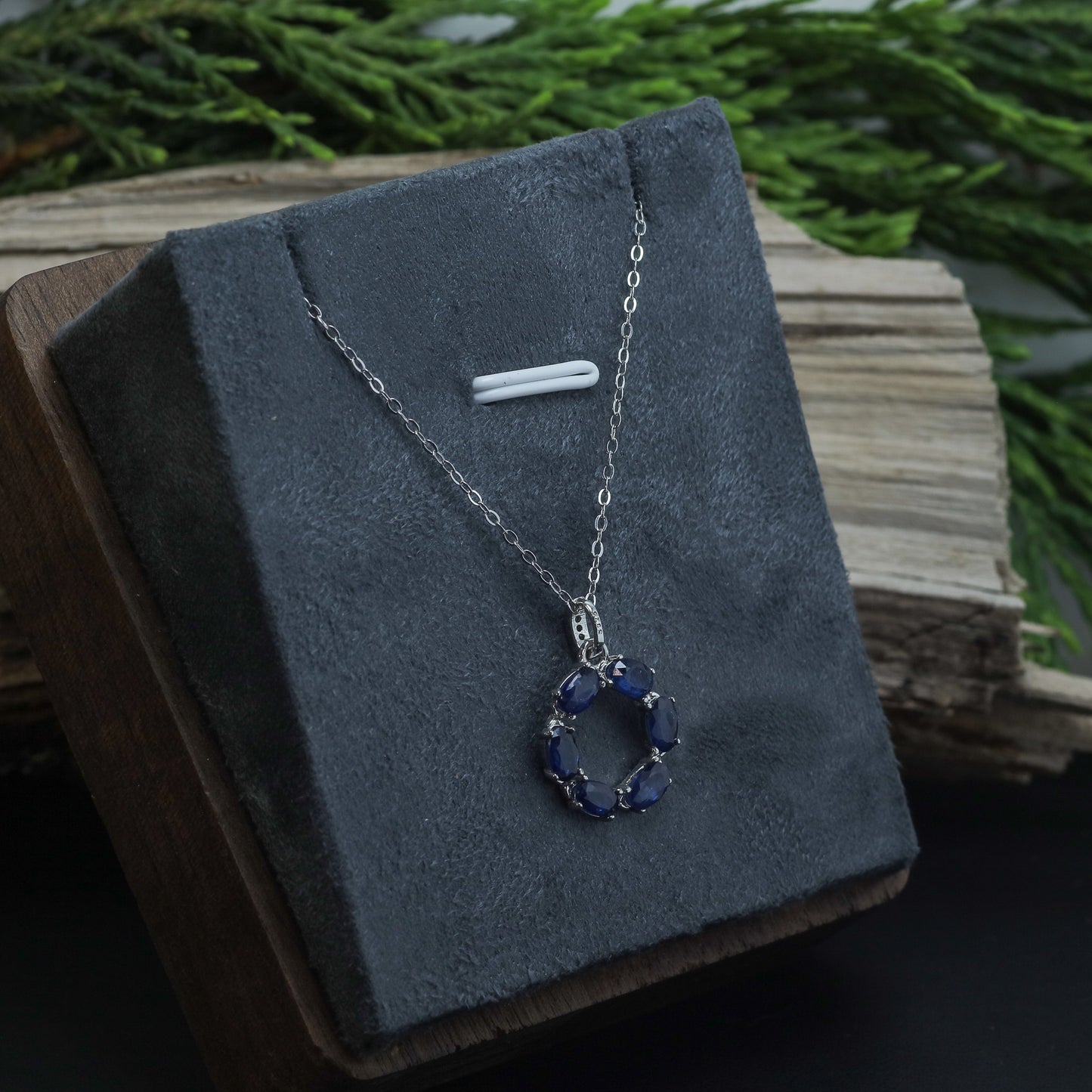 Natural Blue Sapphire Open Circle Pendant Necklace