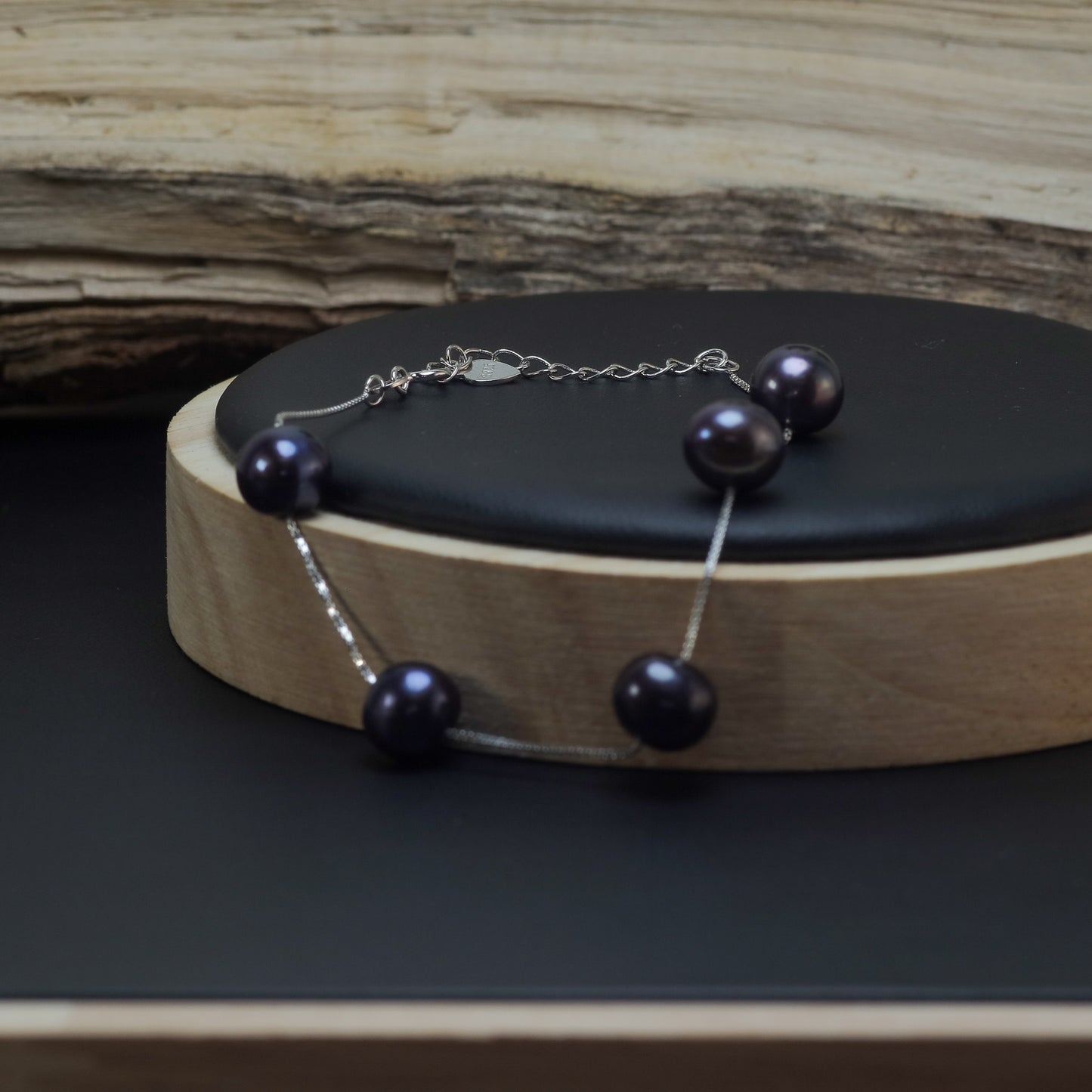 Black Natural Cultured Pearl Station Bracelet