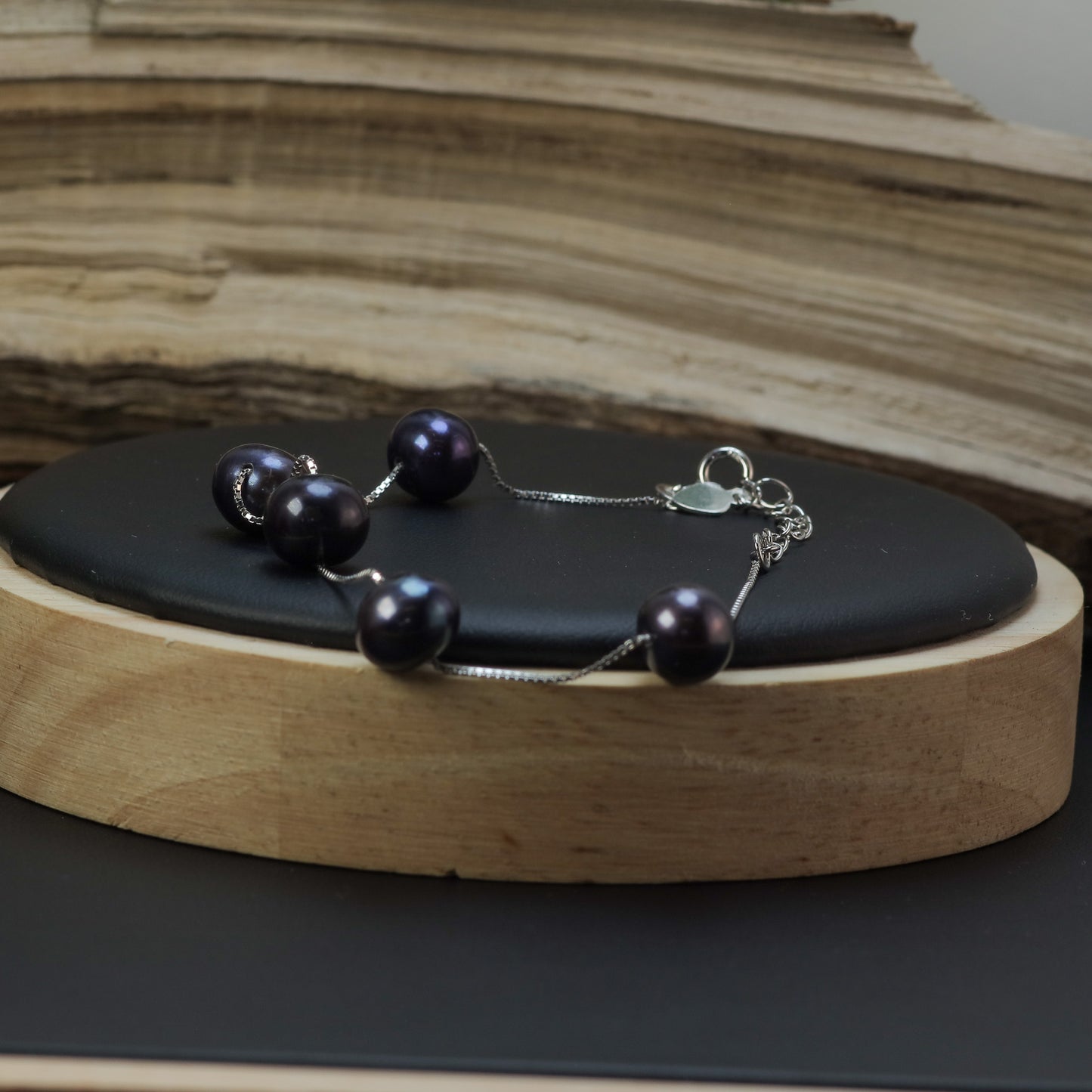Black Natural Cultured Pearl Station Bracelet