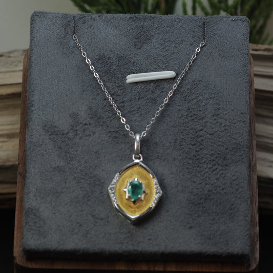 Natural Emerald Two-Tone Shield Pendant Necklace