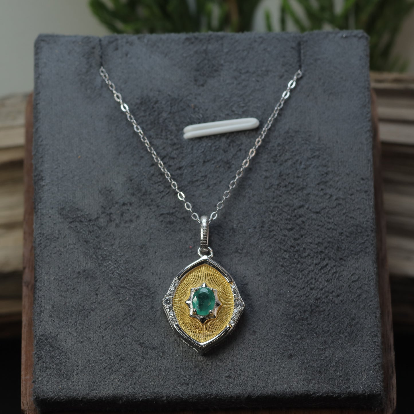 Natural Emerald Two-Tone Shield Pendant Necklace