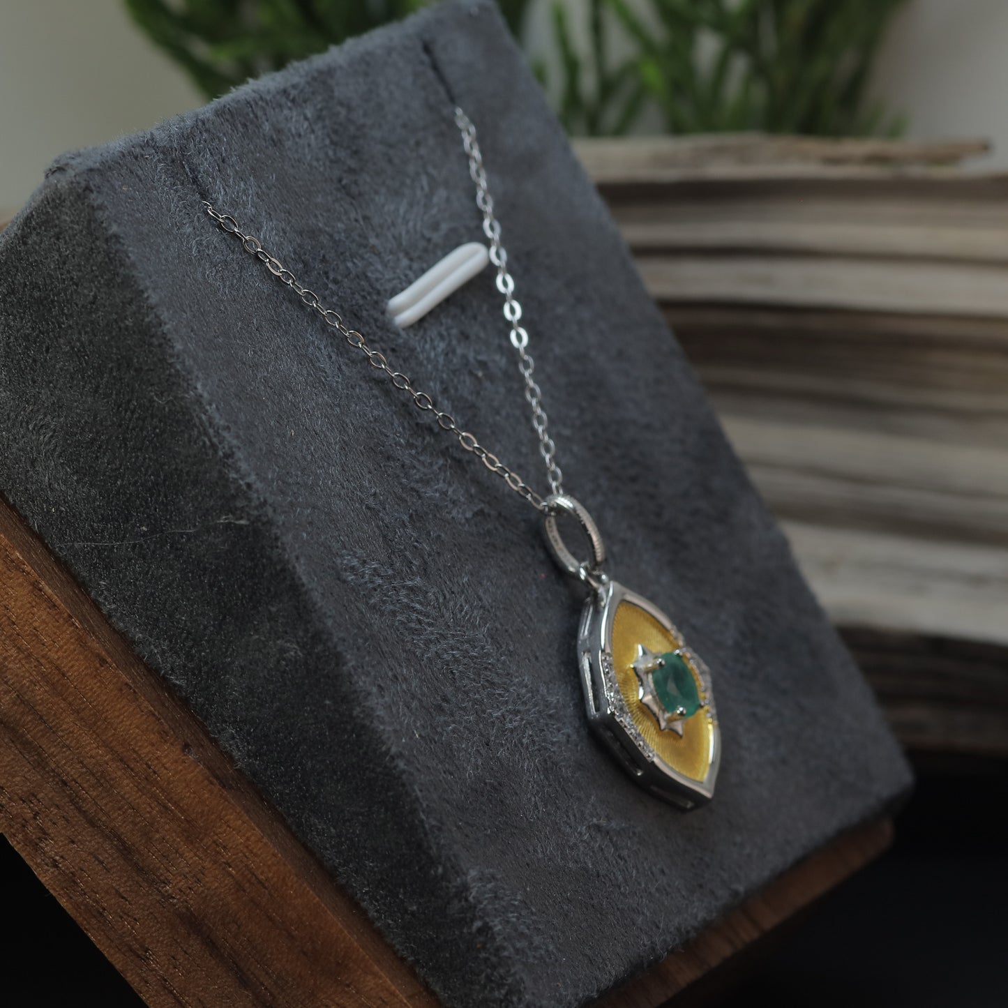 Natural Emerald Two-Tone Shield Pendant Necklace