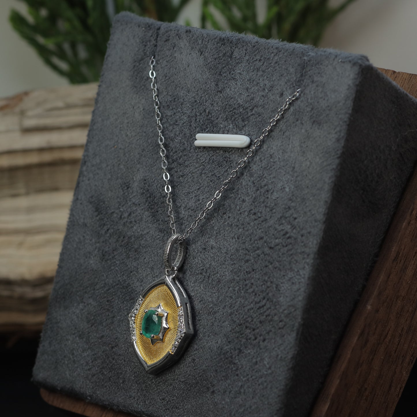 Natural Emerald Two-Tone Shield Pendant Necklace