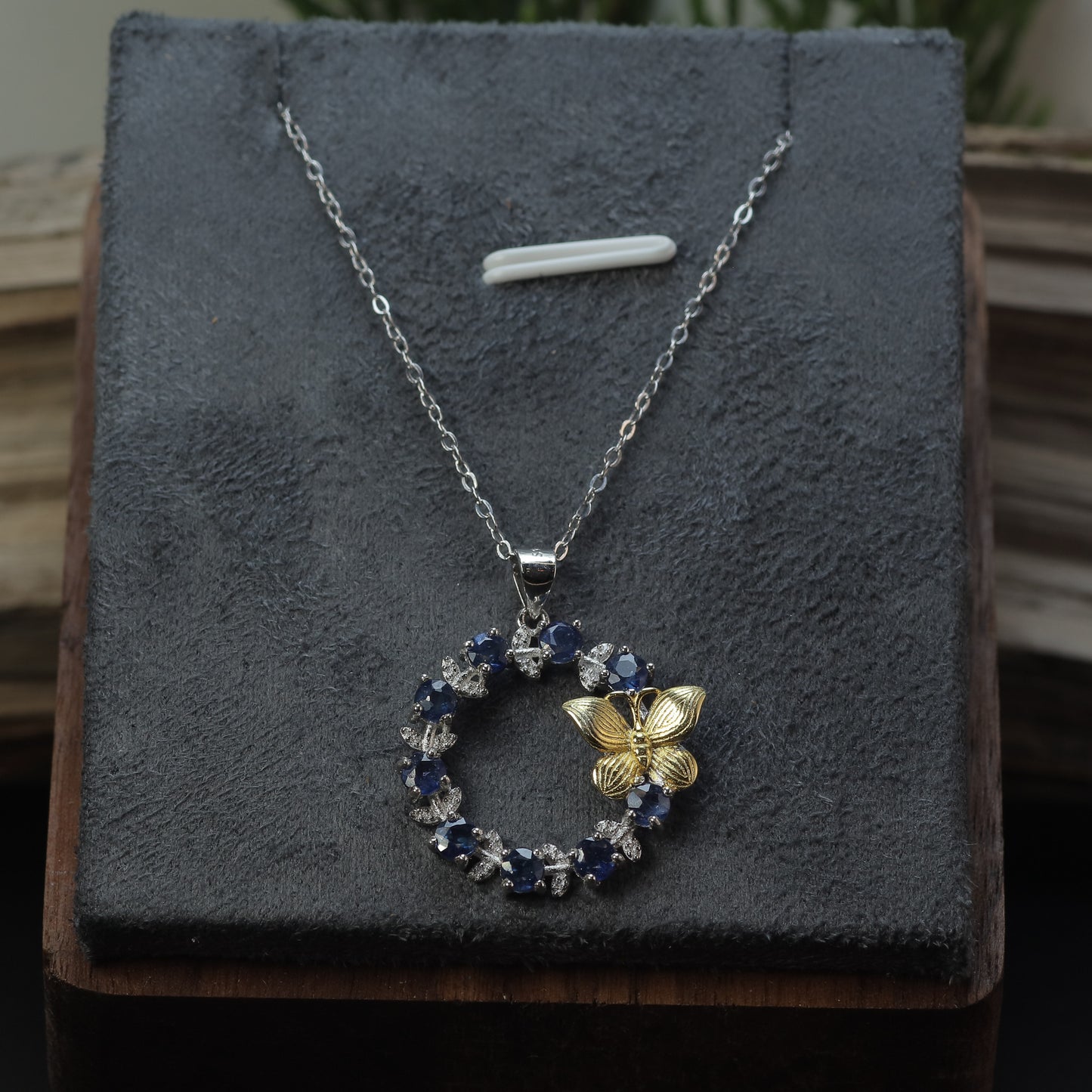 Natural Sapphire Two-Tone Butterfly Wreath Pendant Necklace