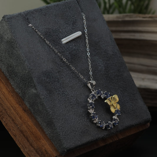 Natural Sapphire Two-Tone Butterfly Wreath Pendant Necklace