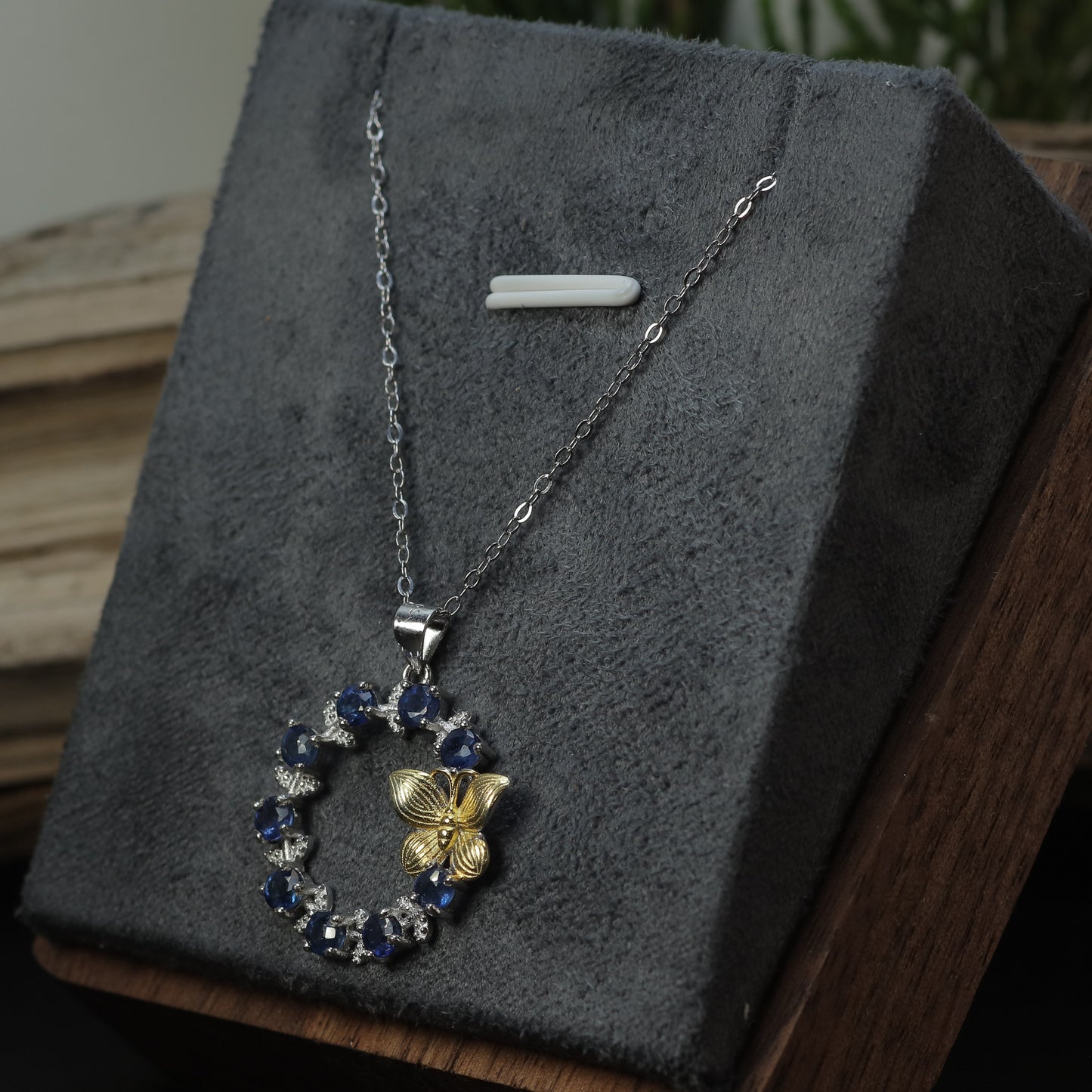 Natural Sapphire Two-Tone Butterfly Wreath Pendant Necklace