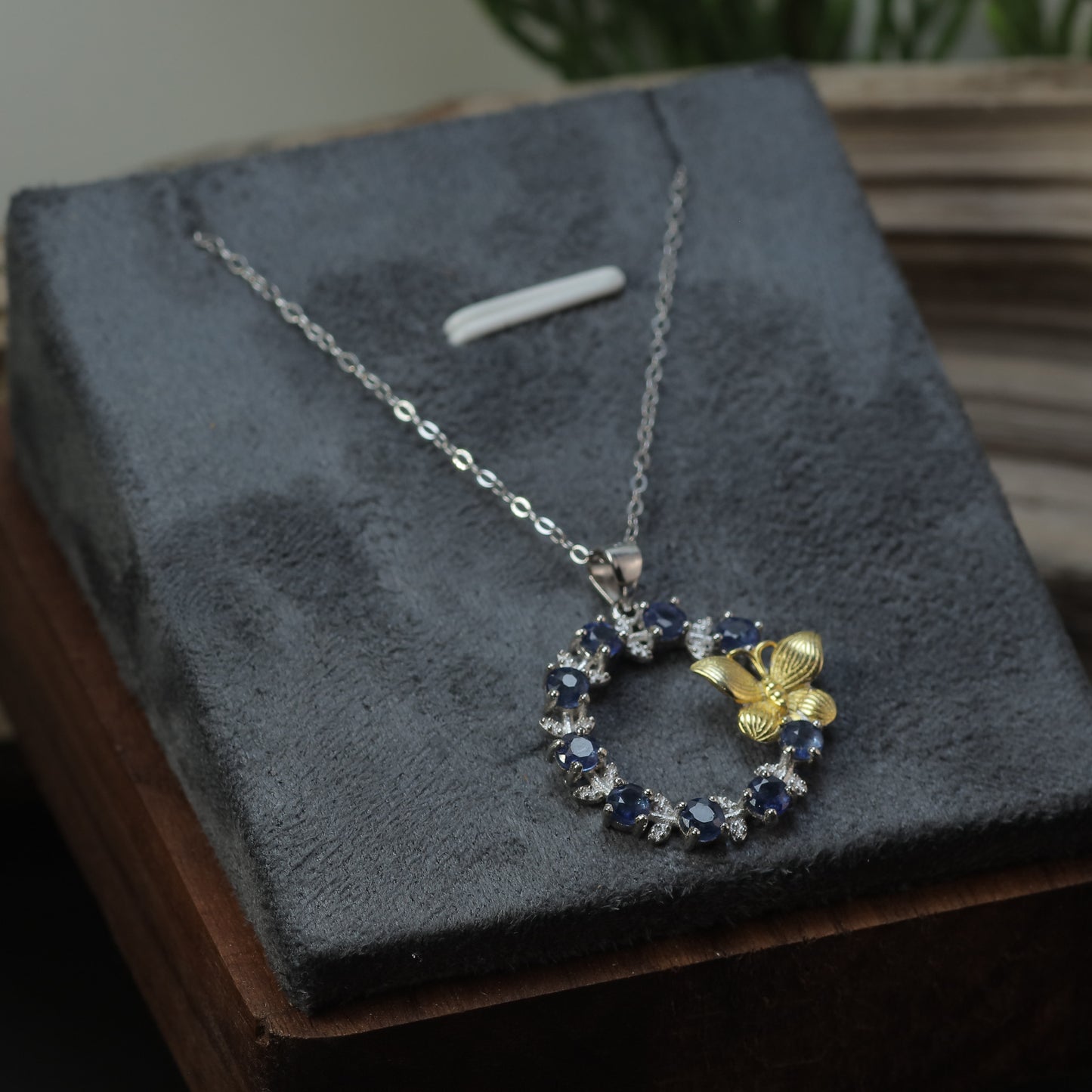 Natural Sapphire Two-Tone Butterfly Wreath Pendant Necklace