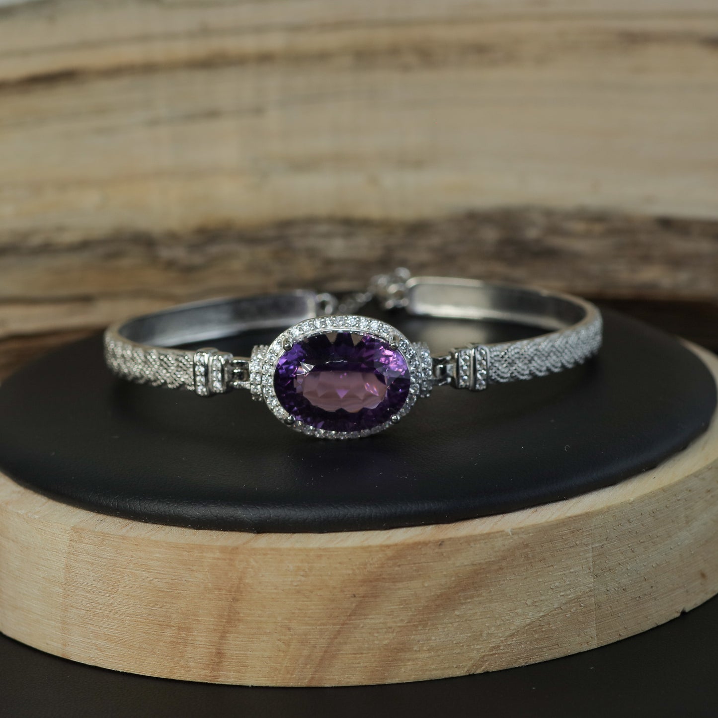 Natural Amethyst Statement Halo Bangle Bracelet