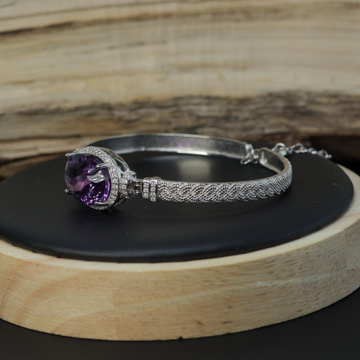 Natural Amethyst Statement Halo Bangle Bracelet