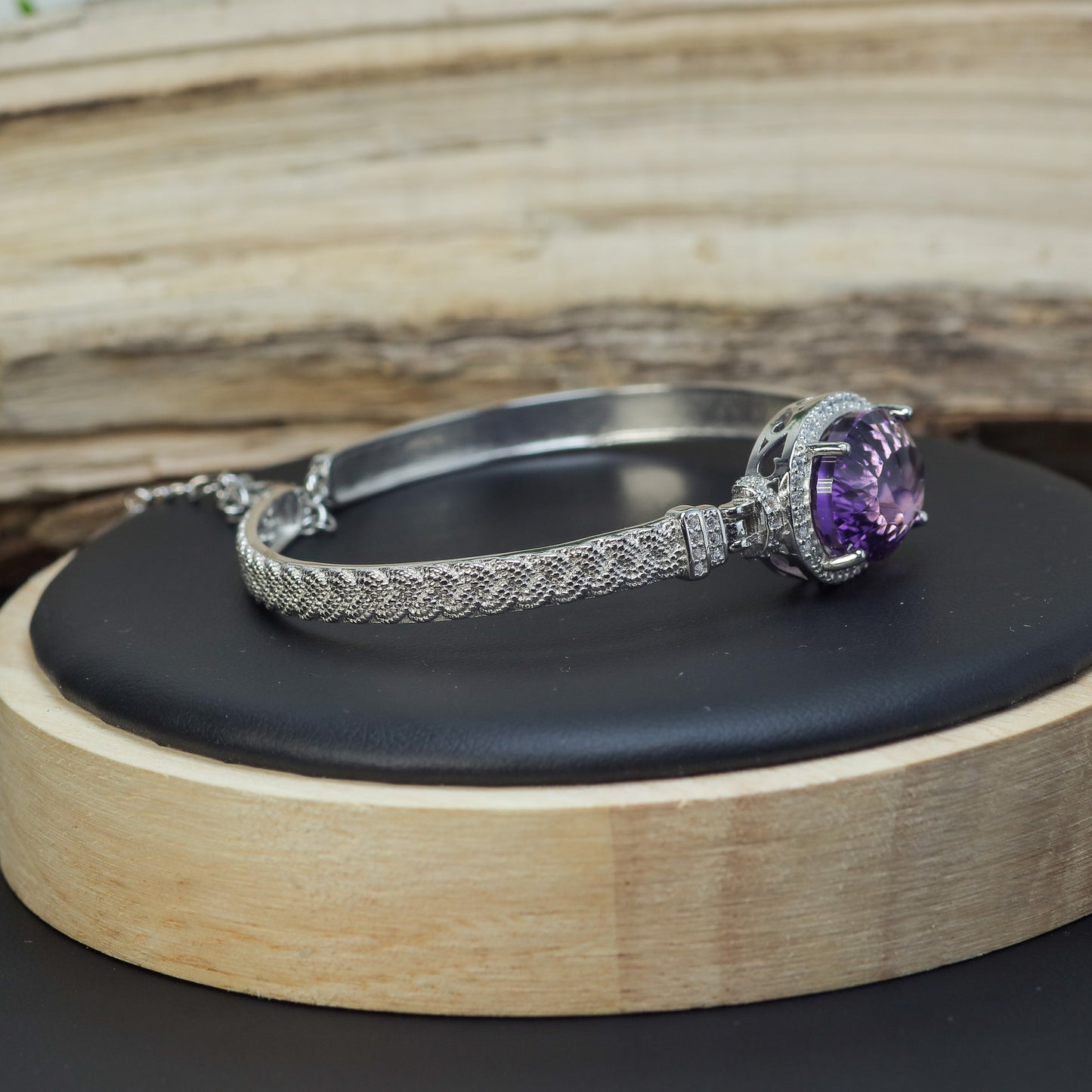 Natural Amethyst Statement Halo Bangle Bracelet