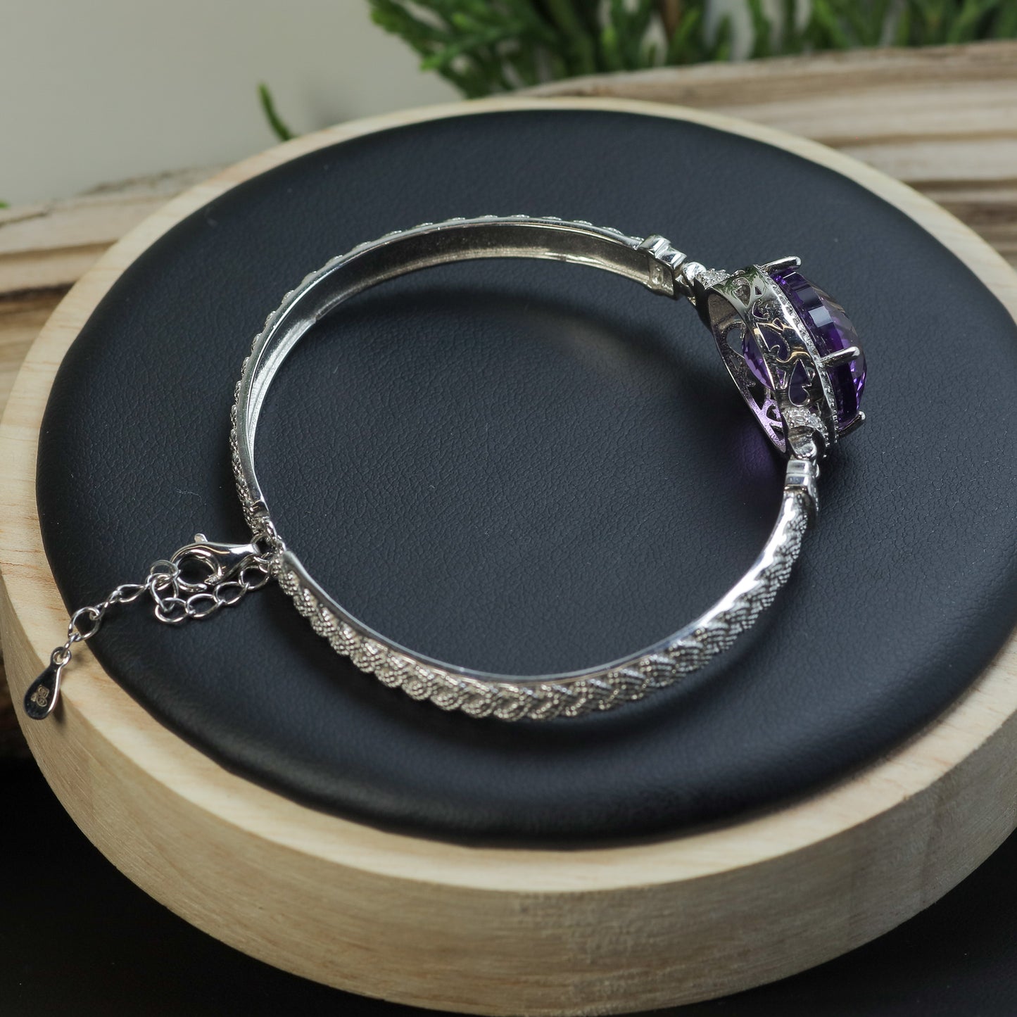 Natural Amethyst Statement Halo Bangle Bracelet