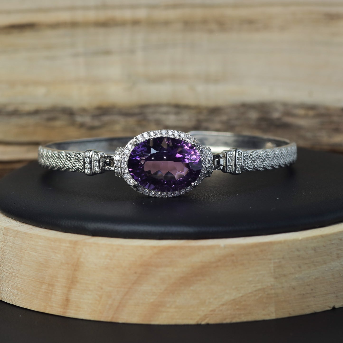 Natural Amethyst Statement Halo Bangle Bracelet