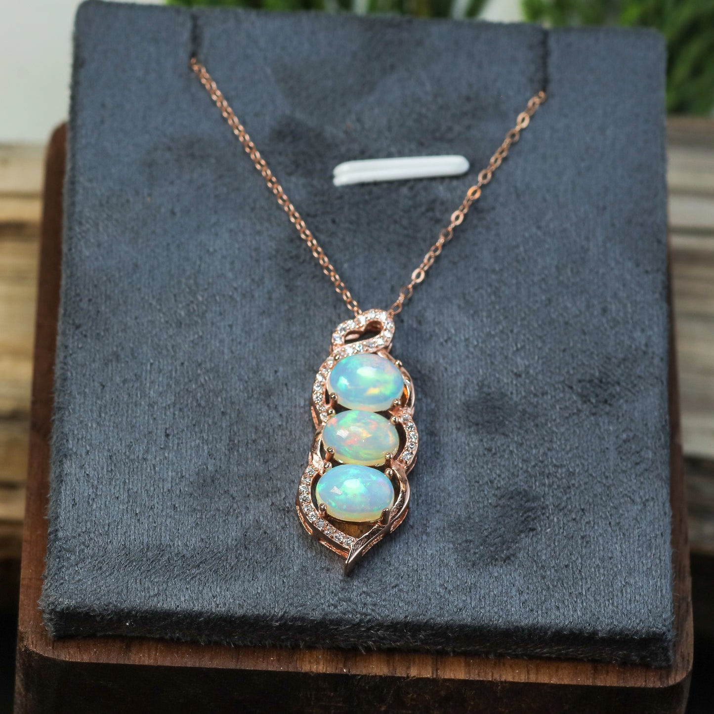 Natural Ethiopian Opal Triple Drop Pendant Necklace (Gold Plated)