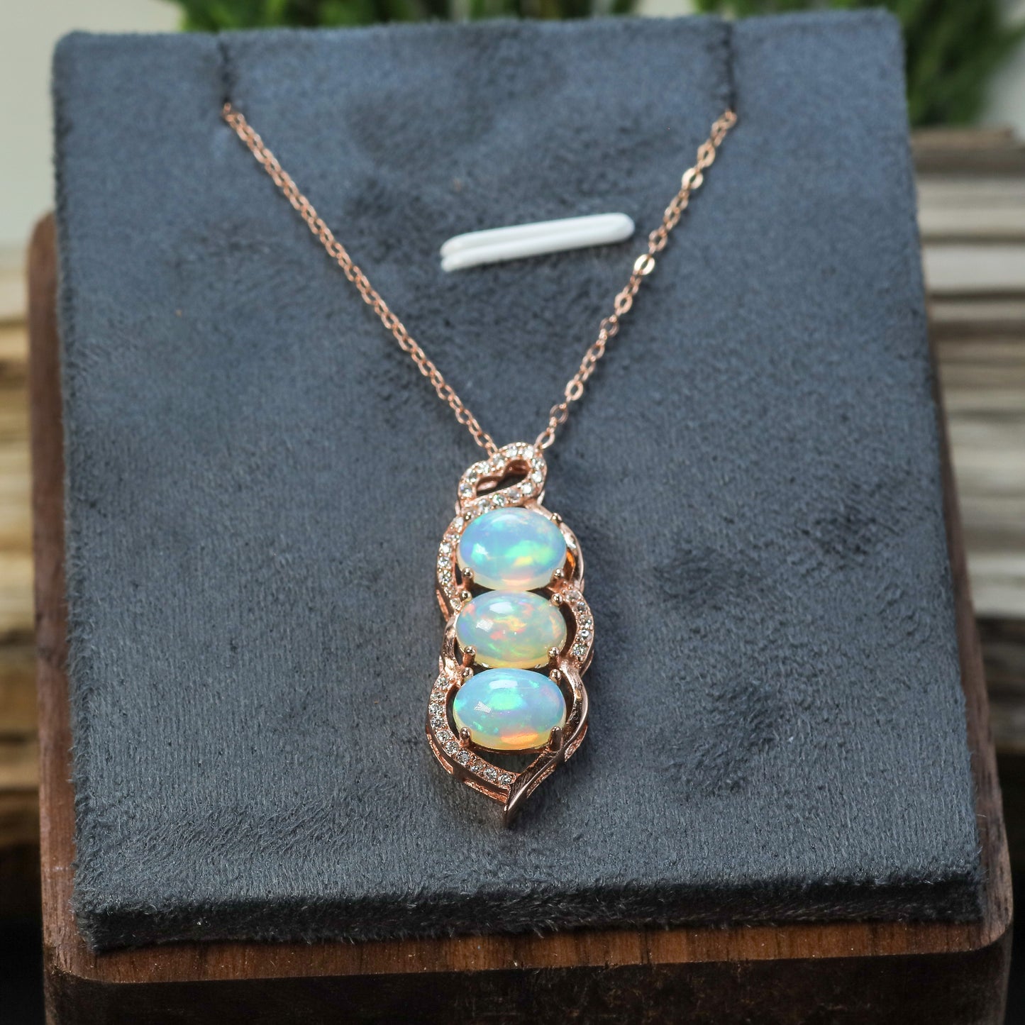 Natural Ethiopian Opal Triple Drop Pendant Necklace (Gold Plated)