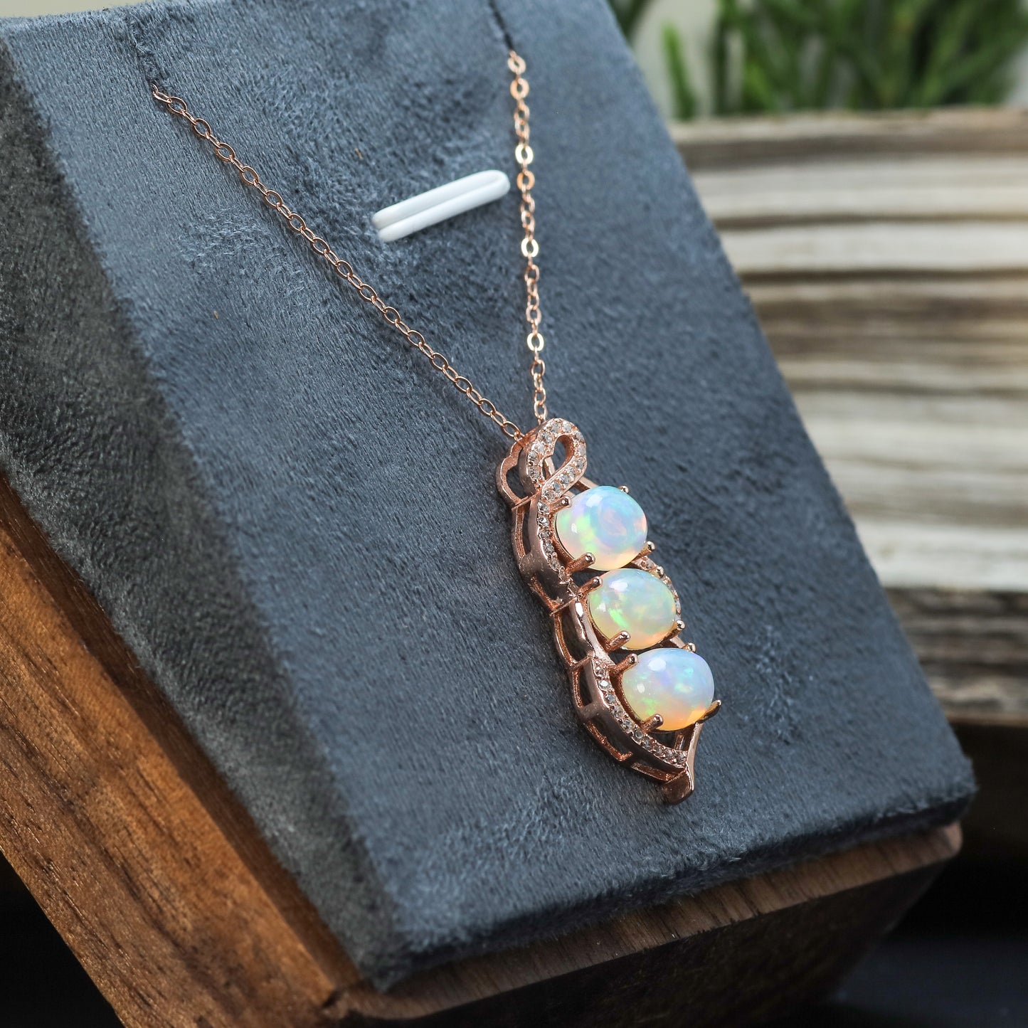 Natural Ethiopian Opal Triple Drop Pendant Necklace (Gold Plated)