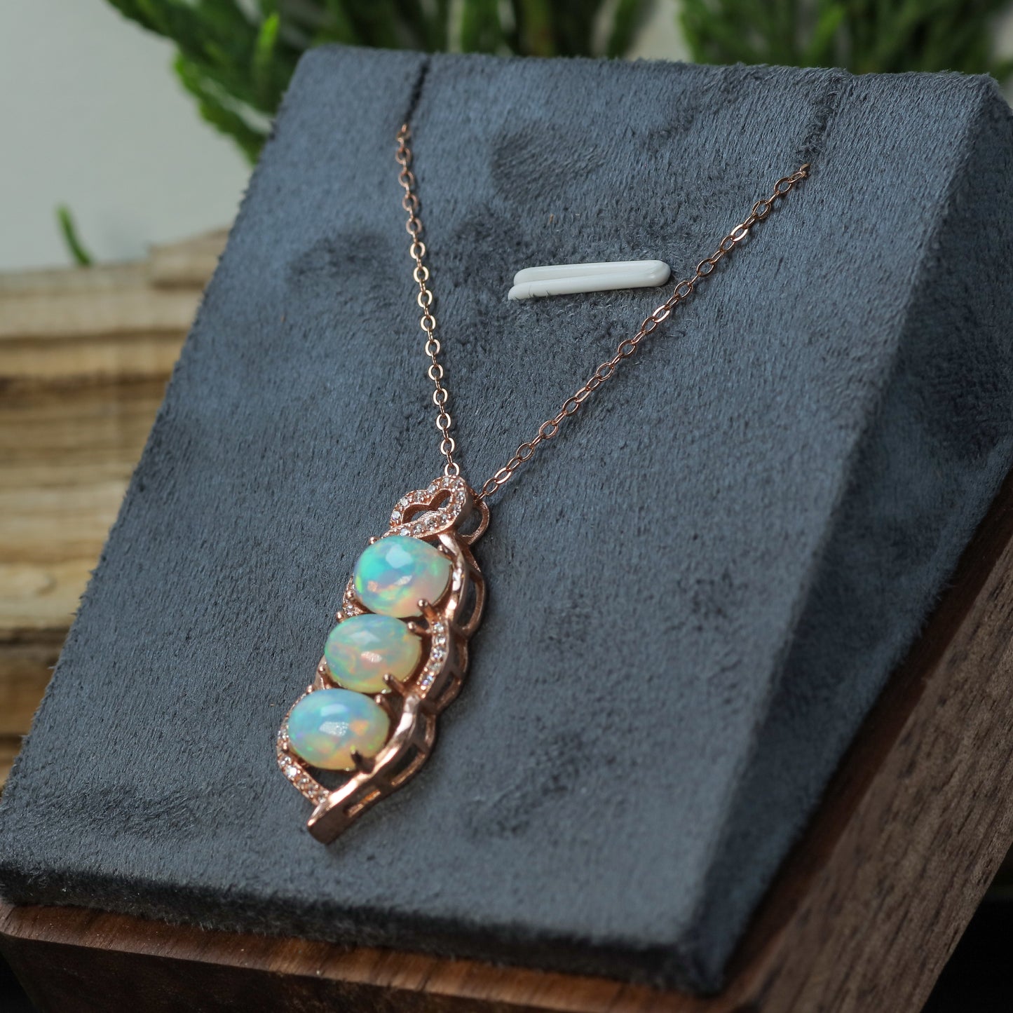 Natural Ethiopian Opal Triple Drop Pendant Necklace (Gold Plated)