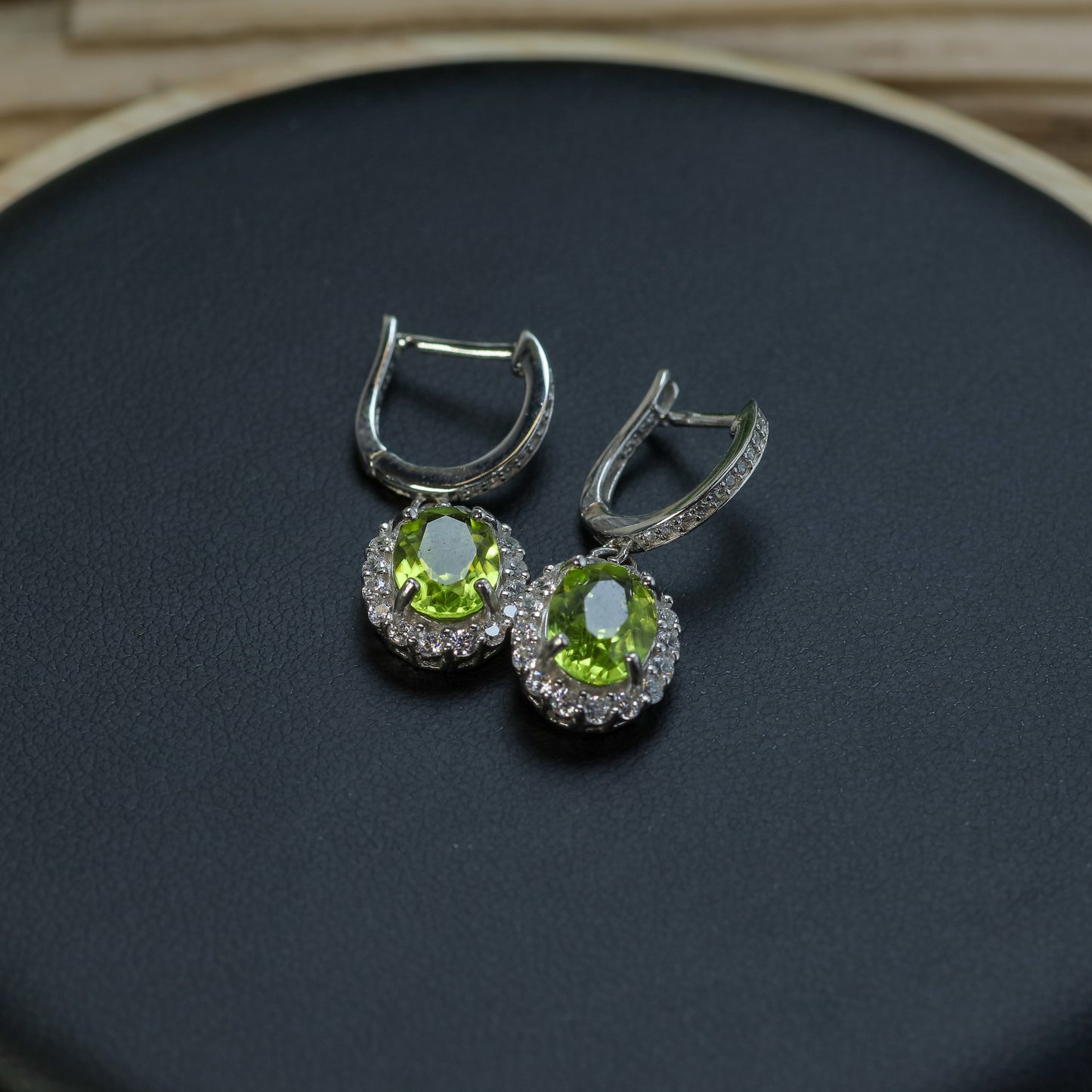 Natural Peridot Oval Halo Drop Earrings