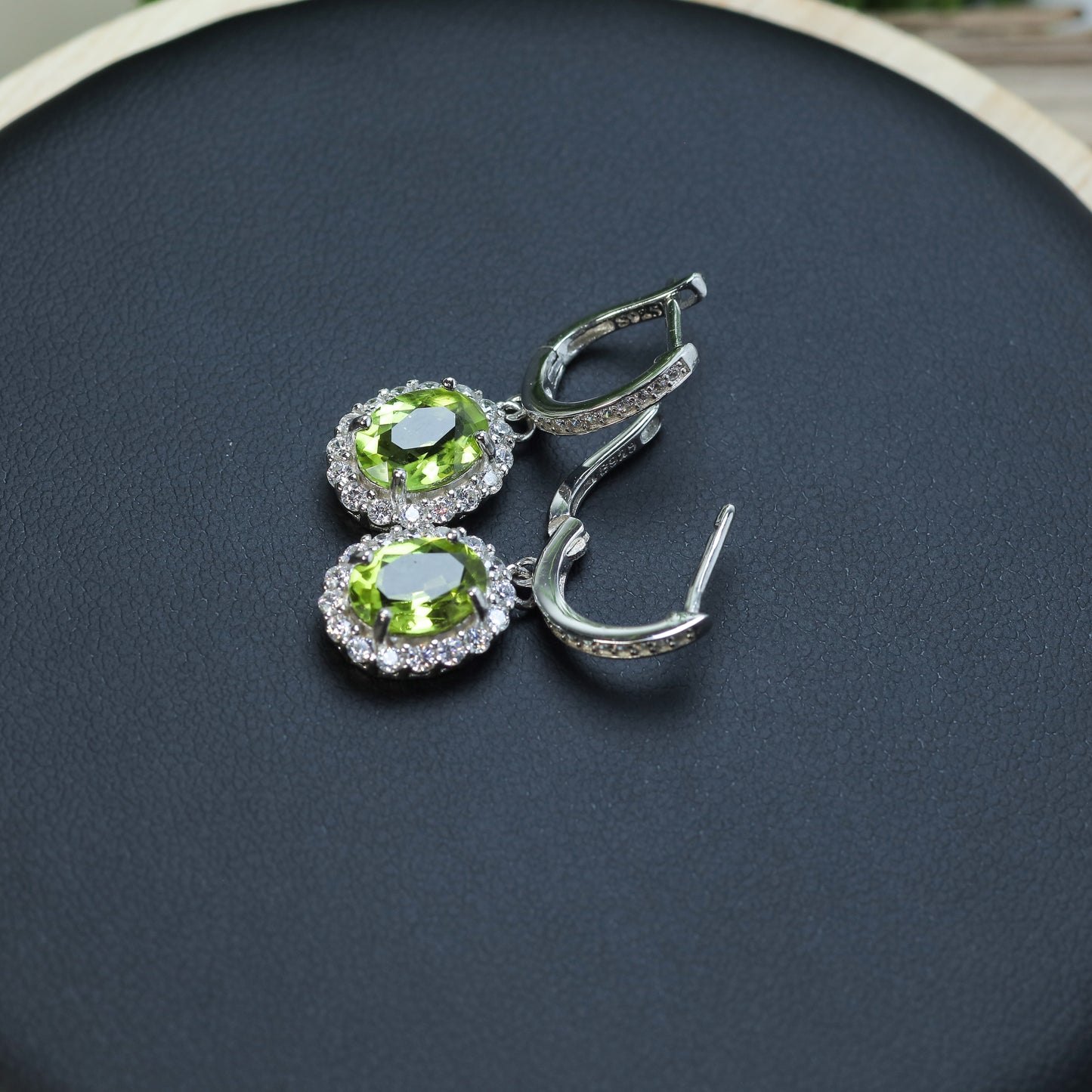 Natural Peridot Oval Halo Drop Earrings