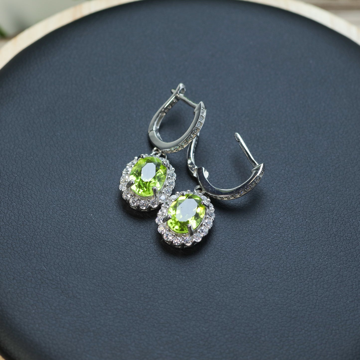 Natural Peridot Oval Halo Drop Earrings
