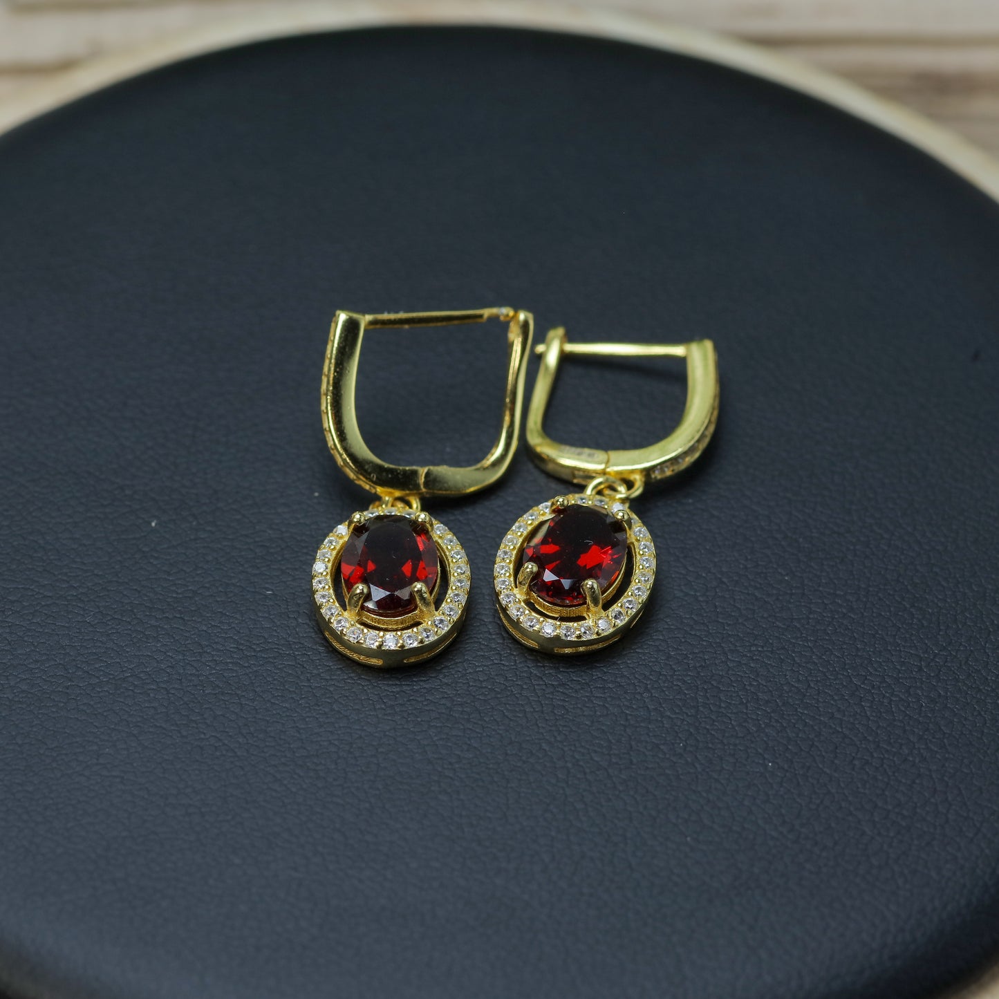 Natural Garnet Oval Halo Drop Earrings (Gold Plated)