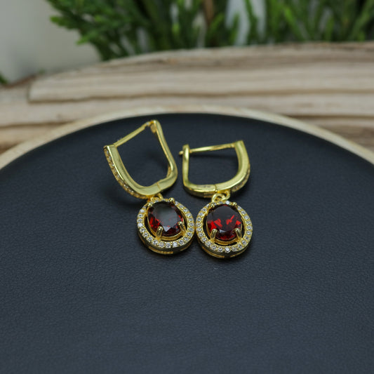Natural Garnet Oval Halo Drop Earrings (Gold Plated)
