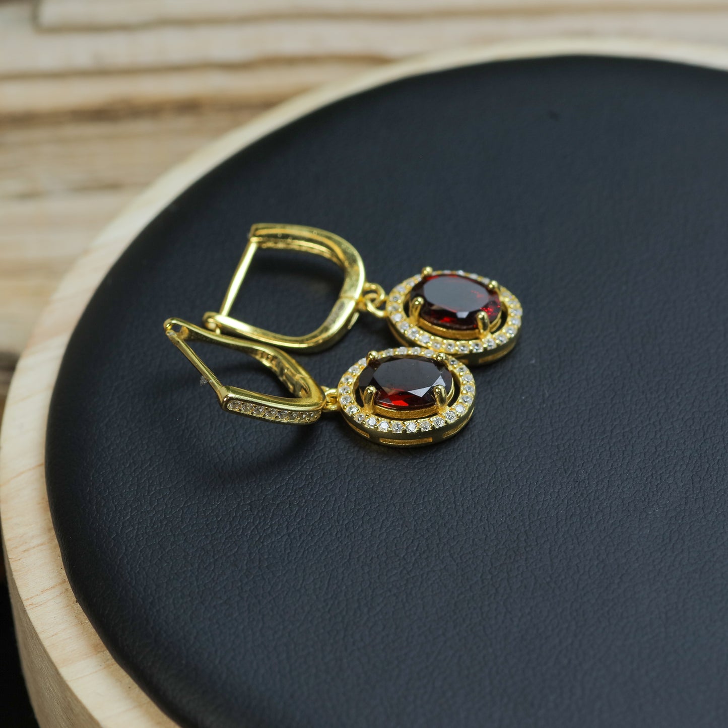Natural Garnet Oval Halo Drop Earrings (Gold Plated)