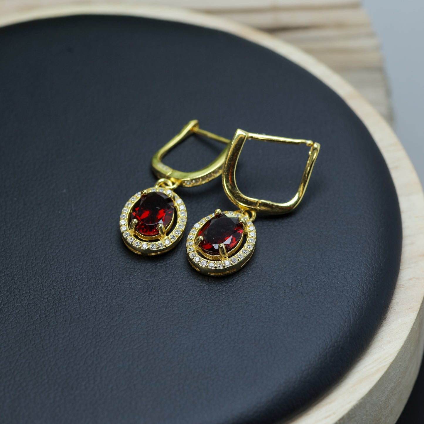 Natural Garnet Oval Halo Drop Earrings (Gold Plated)