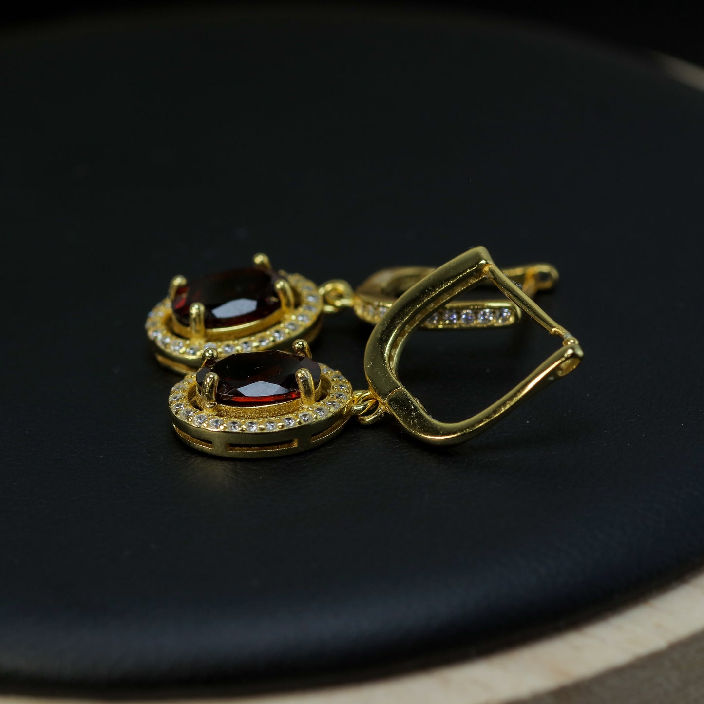 Natural Garnet Oval Halo Drop Earrings (Gold Plated)