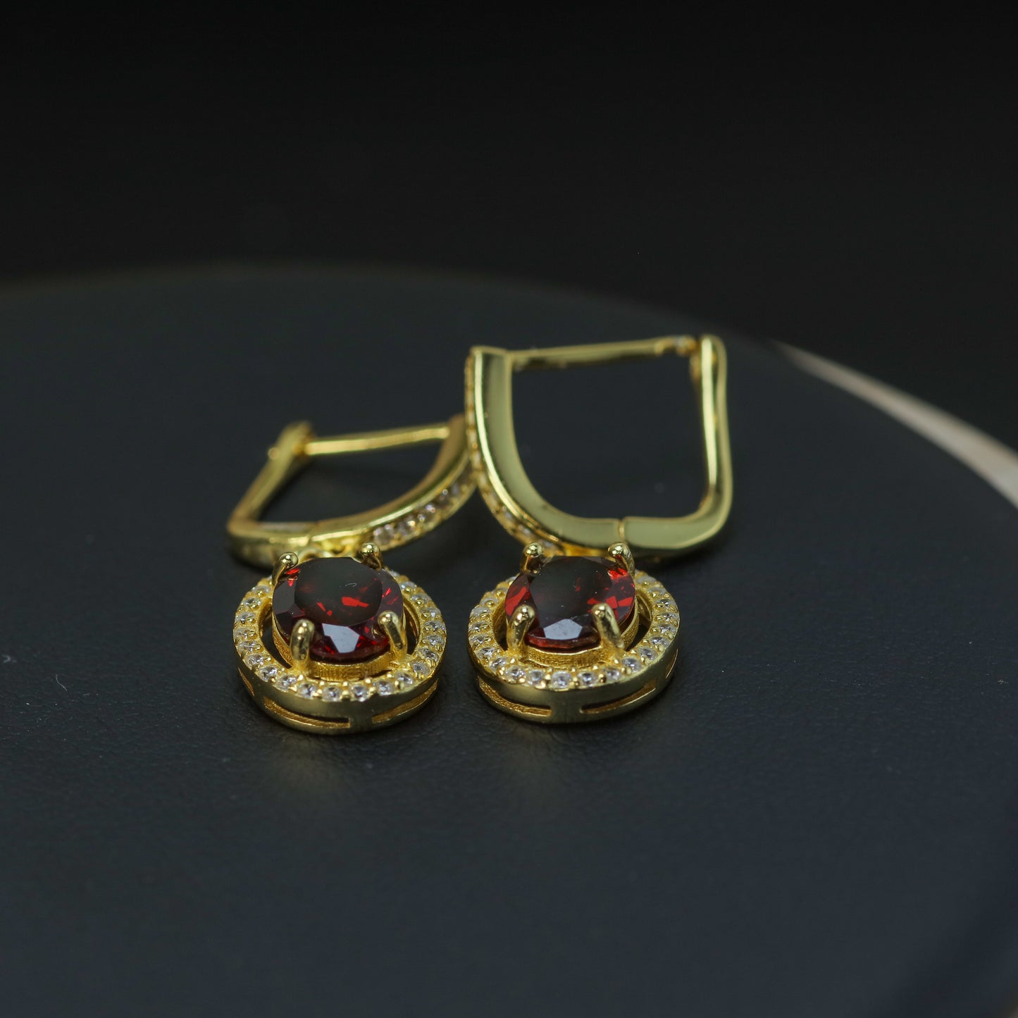 Natural Garnet Oval Halo Drop Earrings (Gold Plated)