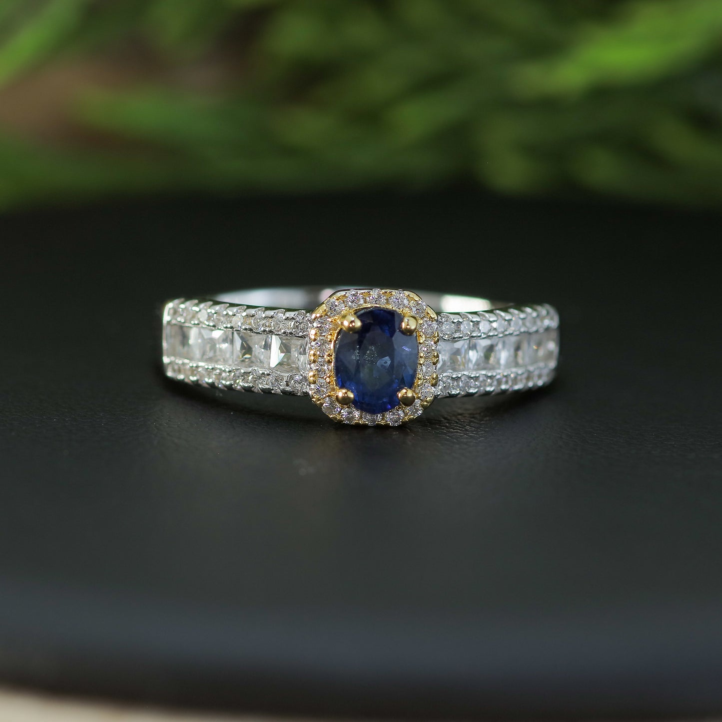 Natural Blue Sapphire Mixed-Cut, CZs Accent Ring