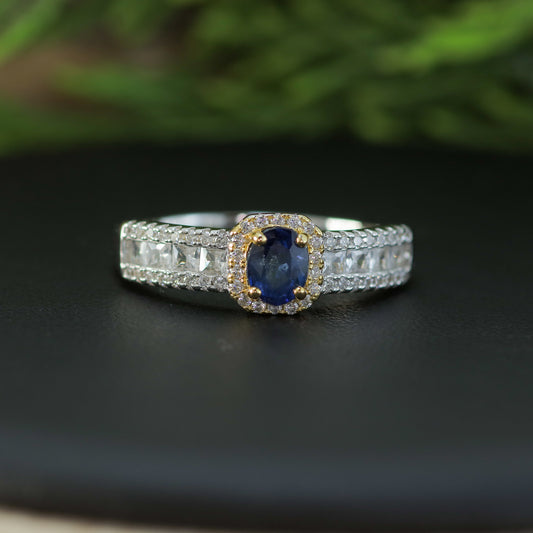 Natural Blue Sapphire Mixed-Cut, CZs Accent Ring