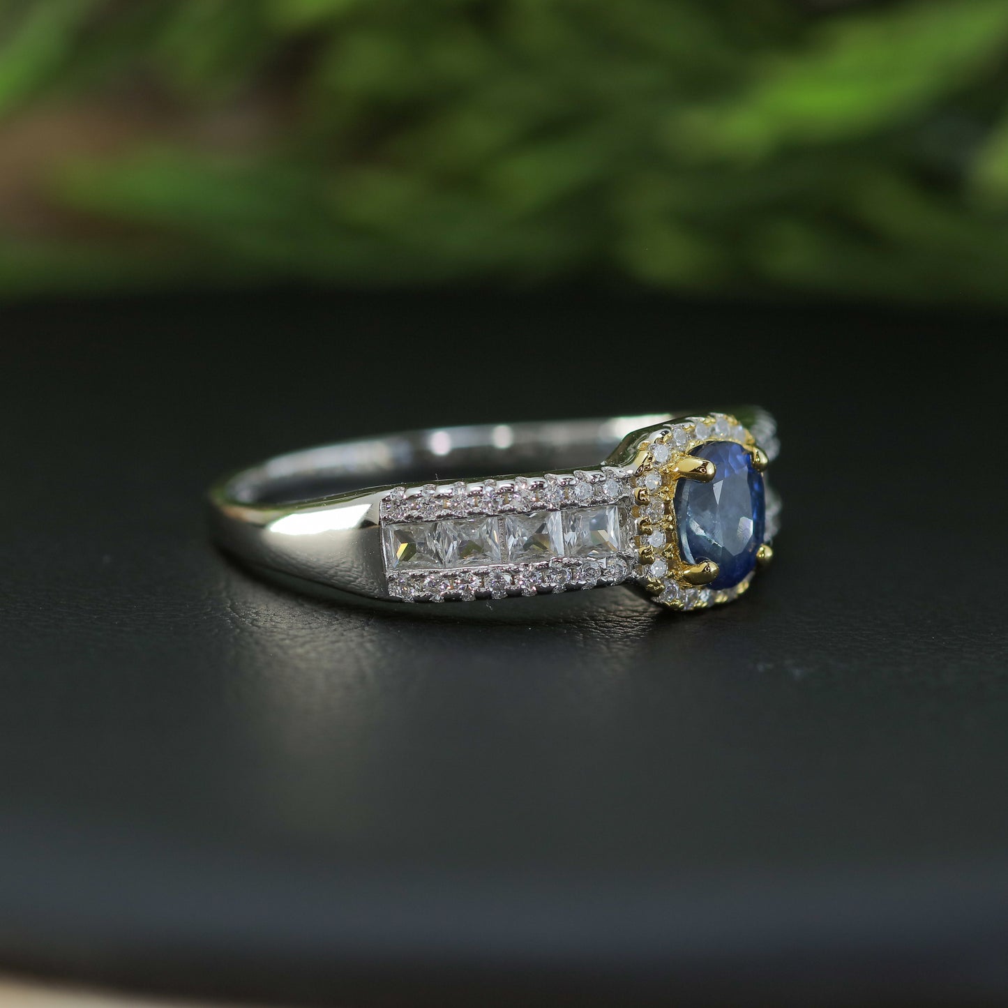 Natural Blue Sapphire Mixed-Cut, CZs Accent Ring