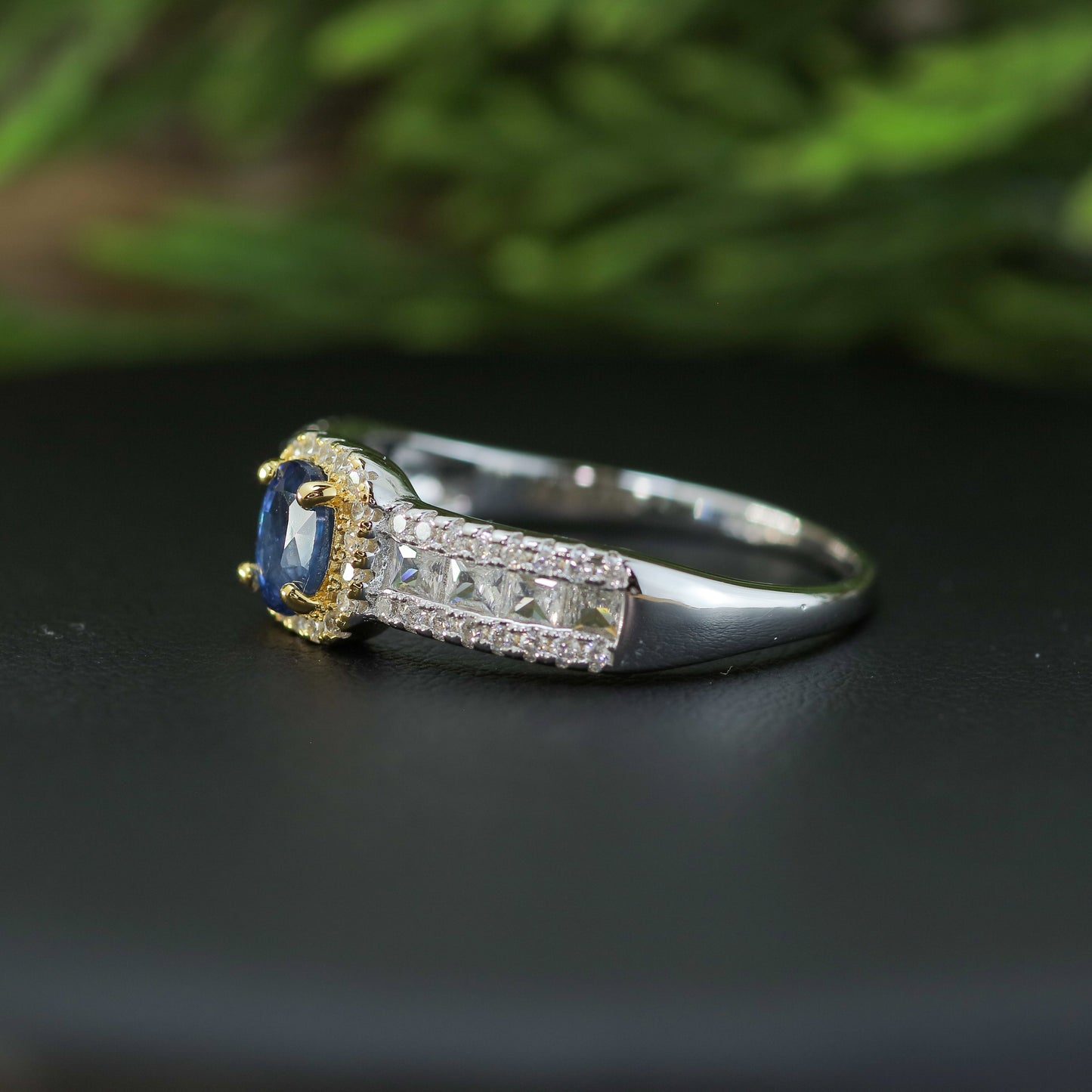 Natural Blue Sapphire Mixed-Cut, CZs Accent Ring