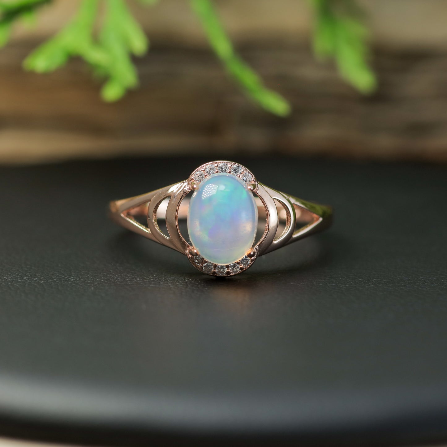 Natural Ethiopian Opal Split-Shoulder Halo Ring