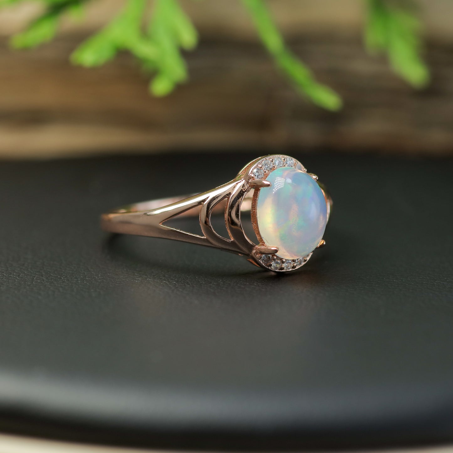Natural Ethiopian Opal Split-Shoulder Halo Ring