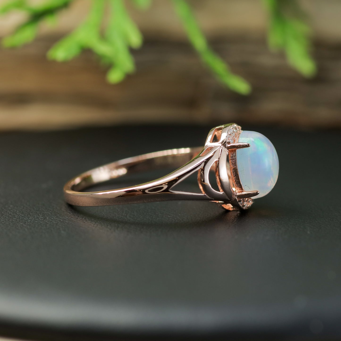 Natural Ethiopian Opal Split-Shoulder Halo Ring