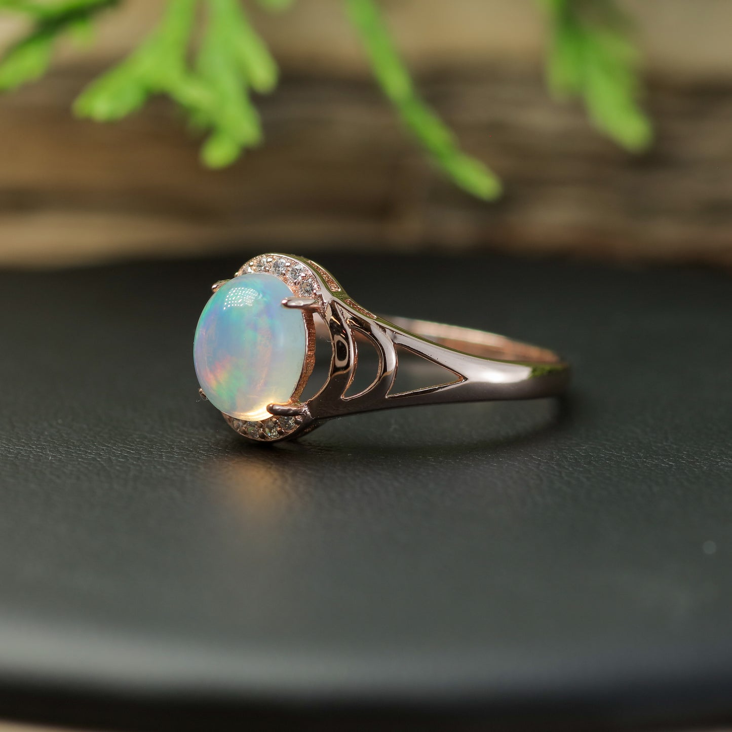 Natural Ethiopian Opal Split-Shoulder Halo Ring